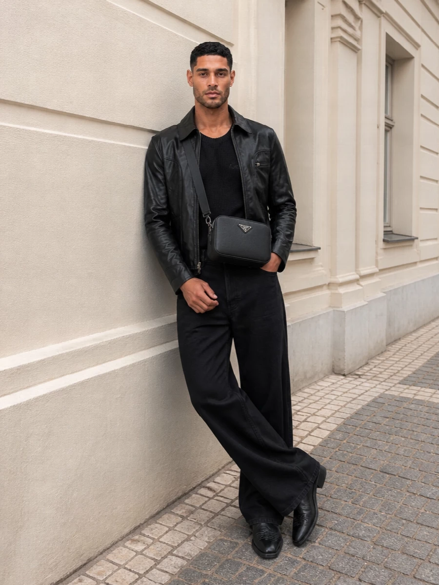 Amiri leather jacket black wide leg jeans outfit