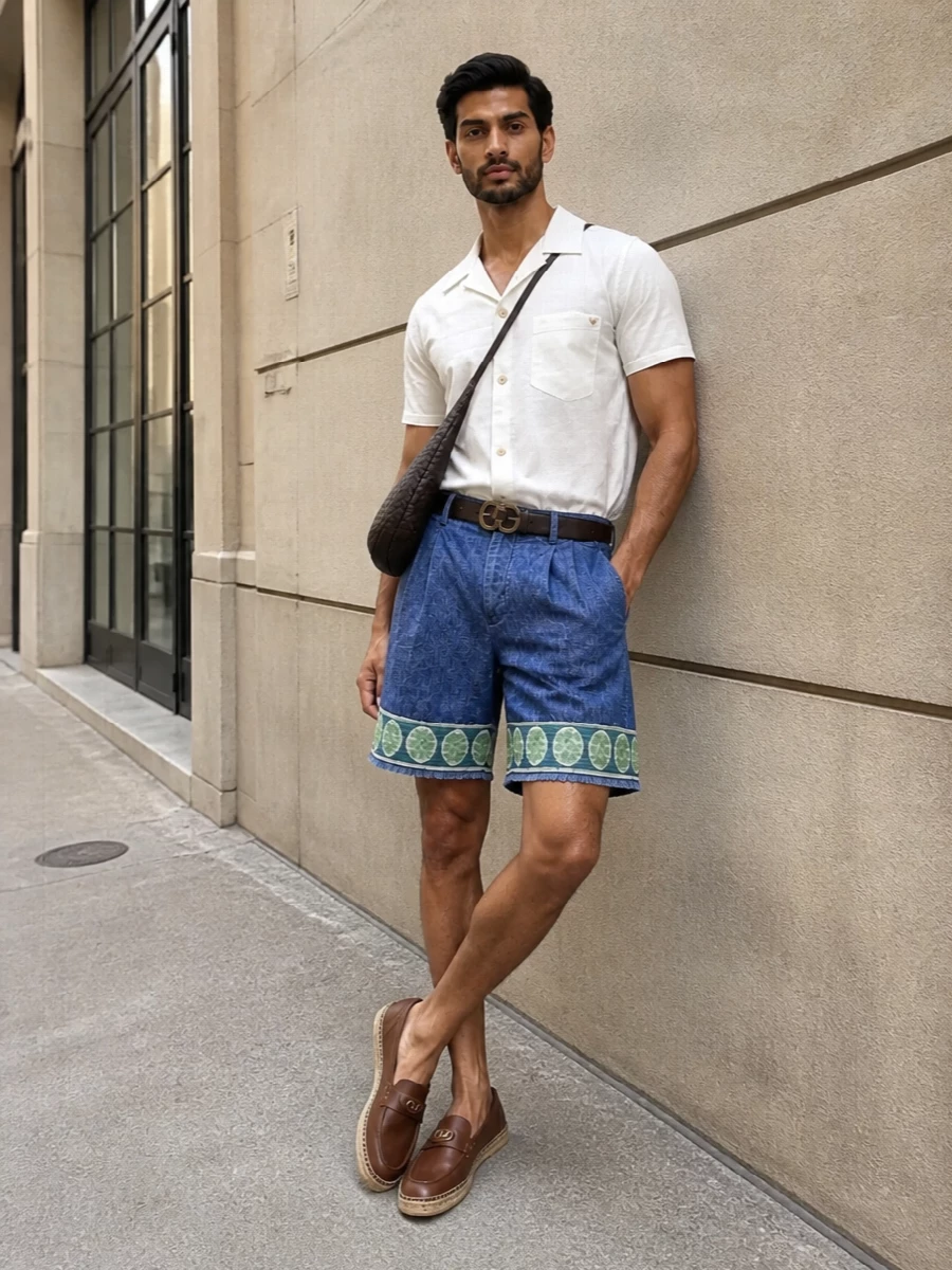 Designer denim embroidered shorts white camp shirt
