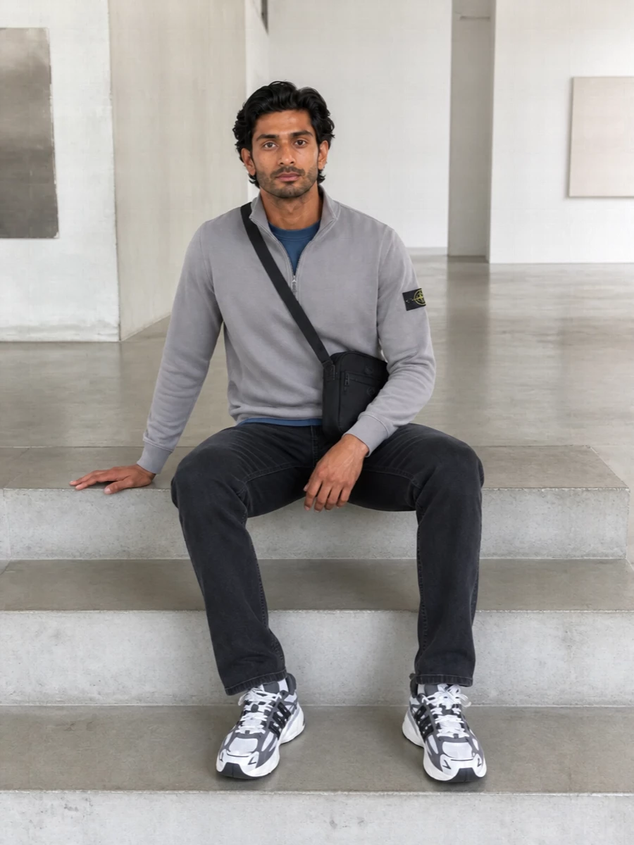 Stone island sweatshirt black jeans sneakers outfit