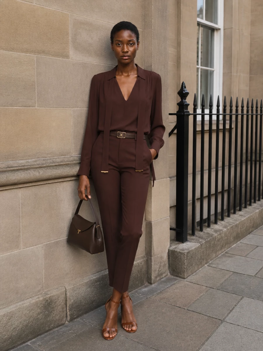 Elisabetta franchi brown tailored trousers outfit