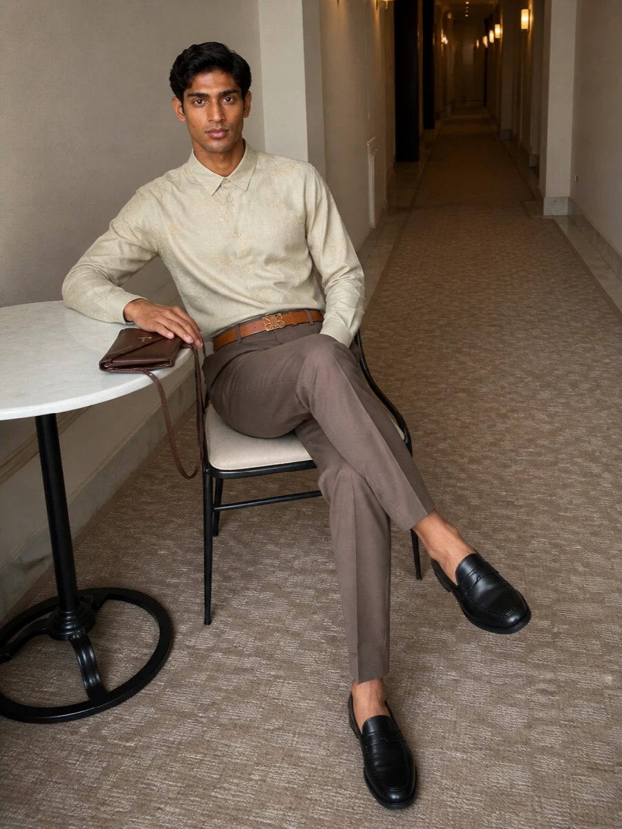 Soft khaki and taupe tones sit together in a quiet, tailored way, with the pleated trouser echoing the shirt’s relaxed refinement. Black loafers and a slim chocolate crossbody give the palette depth without noise, while the tan belt adds a small, intentional highlight. The result is an easy, modern uniform for warm days when you want polish but still feel relaxed.