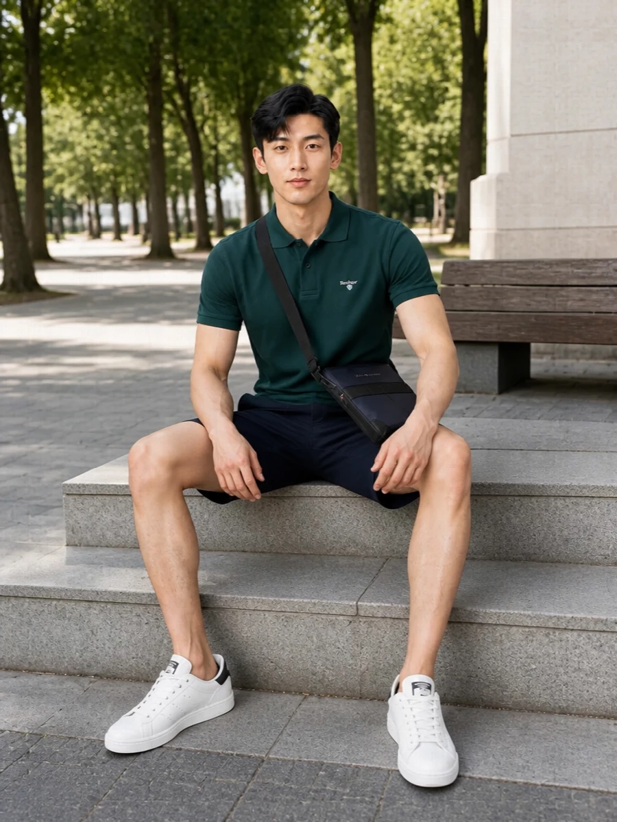 Barbour polo navy shorts white adidas sneakers