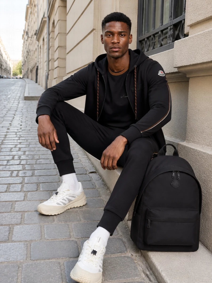 A black-on-black Moncler base, sharpened by a contrast-collar tee and tapered joggers, keeps this city-sport uniform streamlined. Off-white technical sneakers and a clean backpack break the darkness just enough, echoing the jacket’s tan detailing and keeping the whole outfit light, mobile and travel ready.