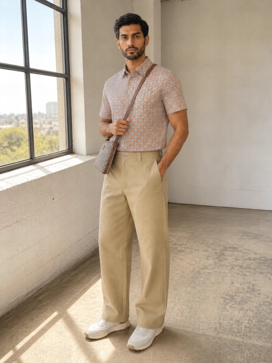 A graphic Fendi shirt meets sand wide-leg tailoring for a polished yet relaxed take on smart casual. The soft beige trouser calms the lattice print, while pale runners keep the mood contemporary rather than formal. A slim monogram crossbody finishes it with a discreet heritage detail that stays in step with the shirt’s luxury attitude.