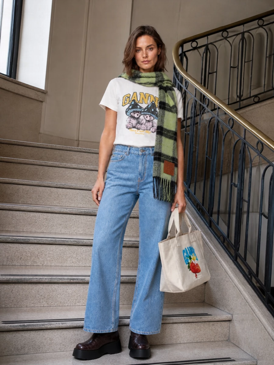 Ganni graphic tee wide leg jeans platform boots