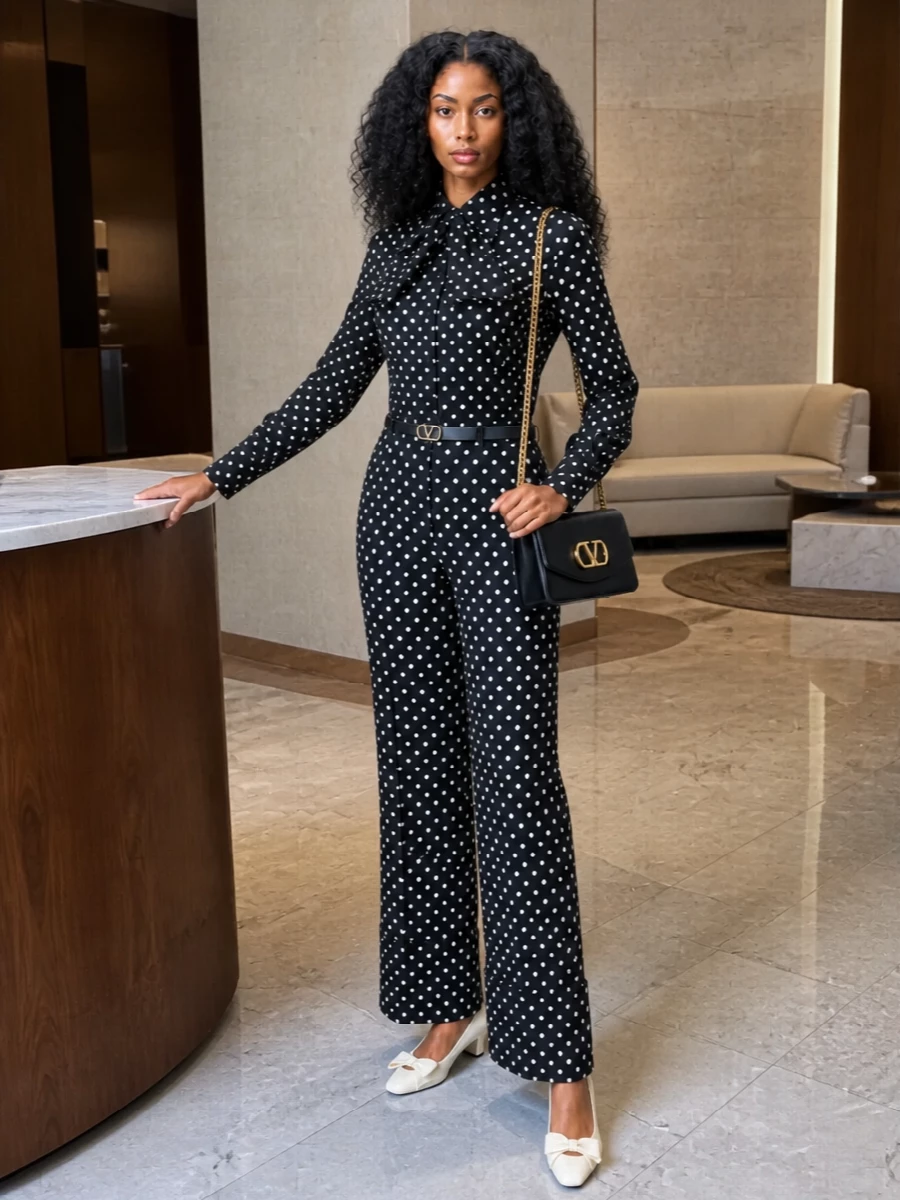 Valentino polka dot bow blouse wide leg trousers