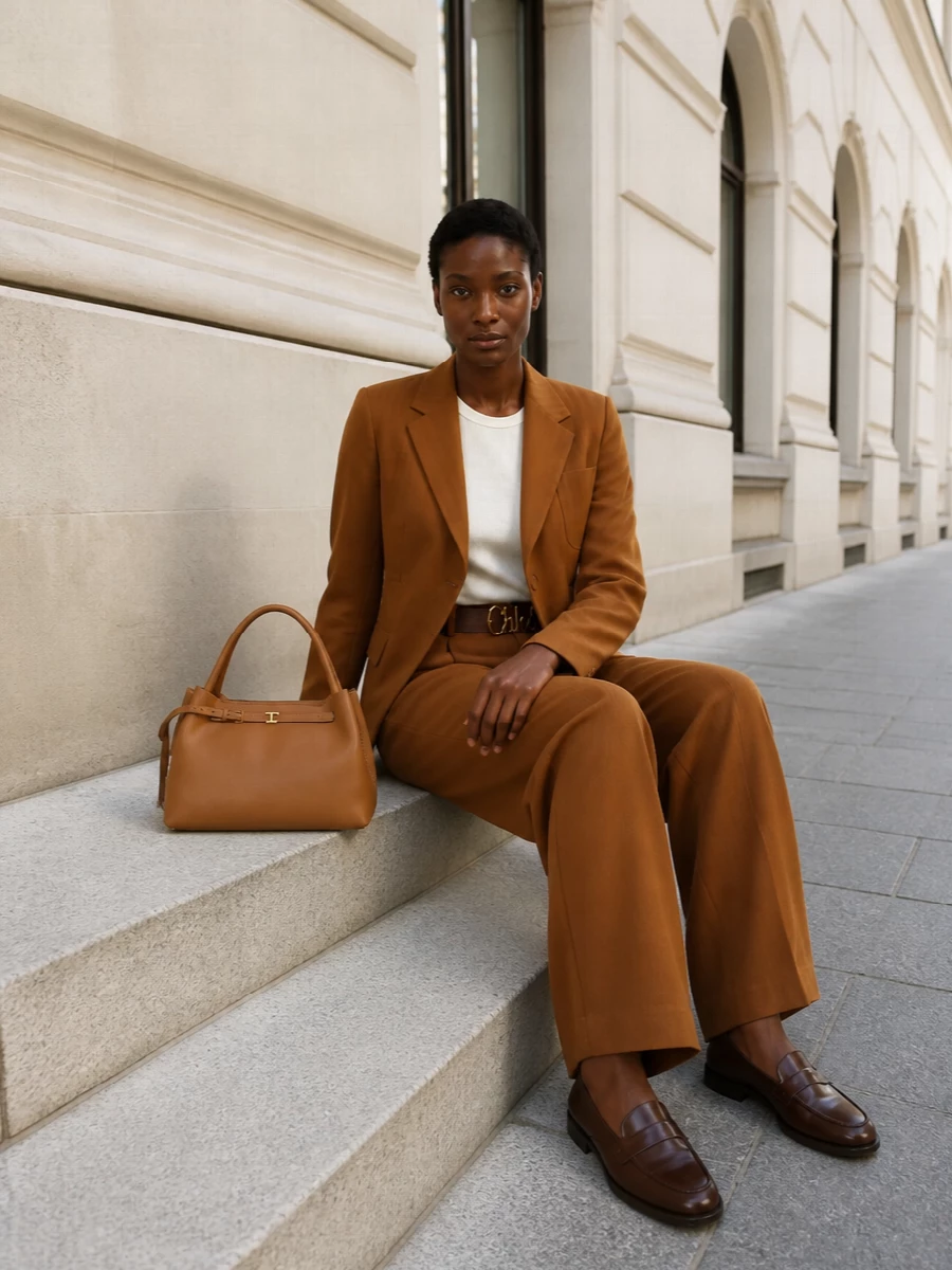 Chestnut tailoring meets caramel structure in a quietly assured pairing that works as hard at a client lunch as it does at a late dinner. The cropped jacket lets the high-rise wide leg read long and clean, sharpened by a rich leather belt and grounded loafers. A sculpted tan top-handle adds just enough Italian polish while keeping the palette warm and cohesive.