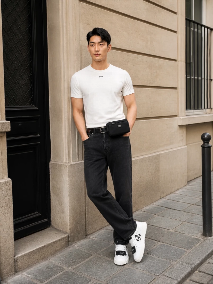 This look keeps Off-White’s logo-minimal tee at the center, grounding it with washed-black straight-leg denim for a sharp yet relaxed monochrome base. White Off-White low-tops echo the tee and brighten the palette just enough, while the Prada belt bag and belt add discreet, technical polish so the whole outfit reads clean, modern and distinctly street-led without feeling overbranded.