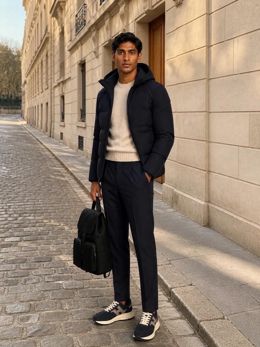 Herno down jacket navy trousers hogan sneakers