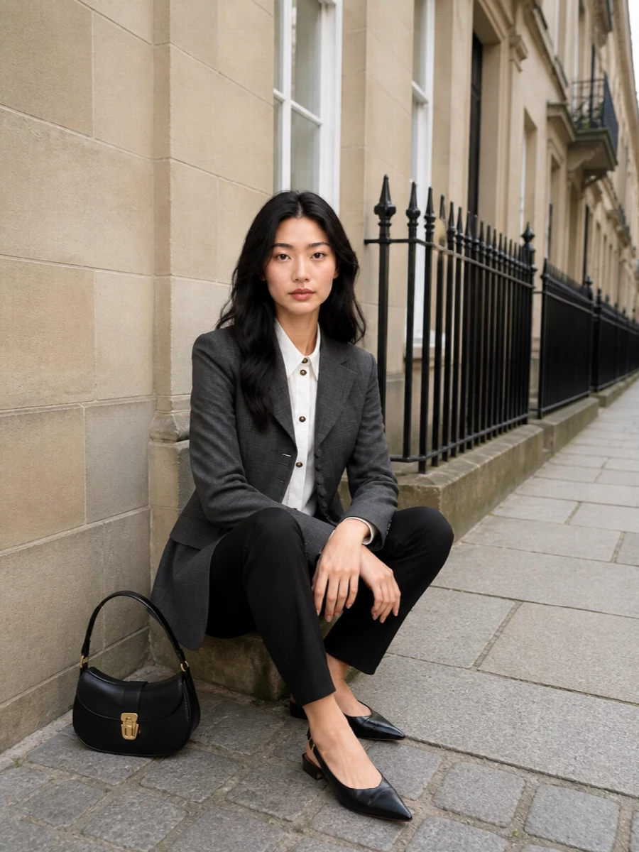 I’m keeping this on the tailoring path rather than adding a dress, so the blazer stays the clear anchor of a modern, quiet-power uniform. The longline grey jacket, clean white shirt and high-rise black trouser build a lean, monochrome column, finished with pointed slingbacks and a compact shoulder bag for that precise but unfussy city polish. It is the kind of outfit that moves easily from serious meetings to late dinners without needing anything more than a lipstick change.