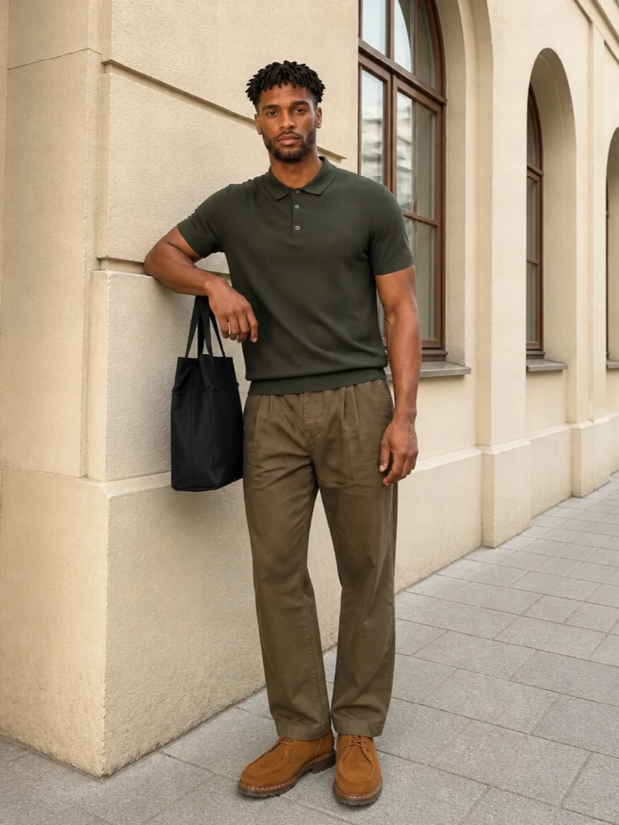 A quiet mix of olive and tan gives this outfit a grounded, countryside-meets-city feel that plays perfectly with the Paraboot suede. The knit polo and pleated chinos keep things relaxed but considered, ready for anything from office-casual days to weekend errands. Black technical tote and chunky-soled derbies sharpen it just enough without losing that practical ease.