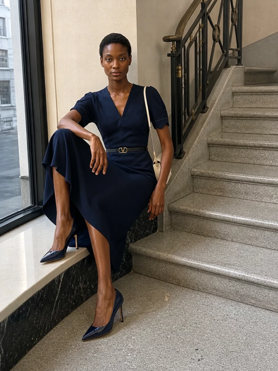 A deep navy midi anchors the outfit in clean, sculpted lines, with ink stilettos extending that quiet, tailored column. An ivory shoulder bag and discreet black belt introduce light and hardware in just the right measure, keeping everything focused, modern and city-evening ready.