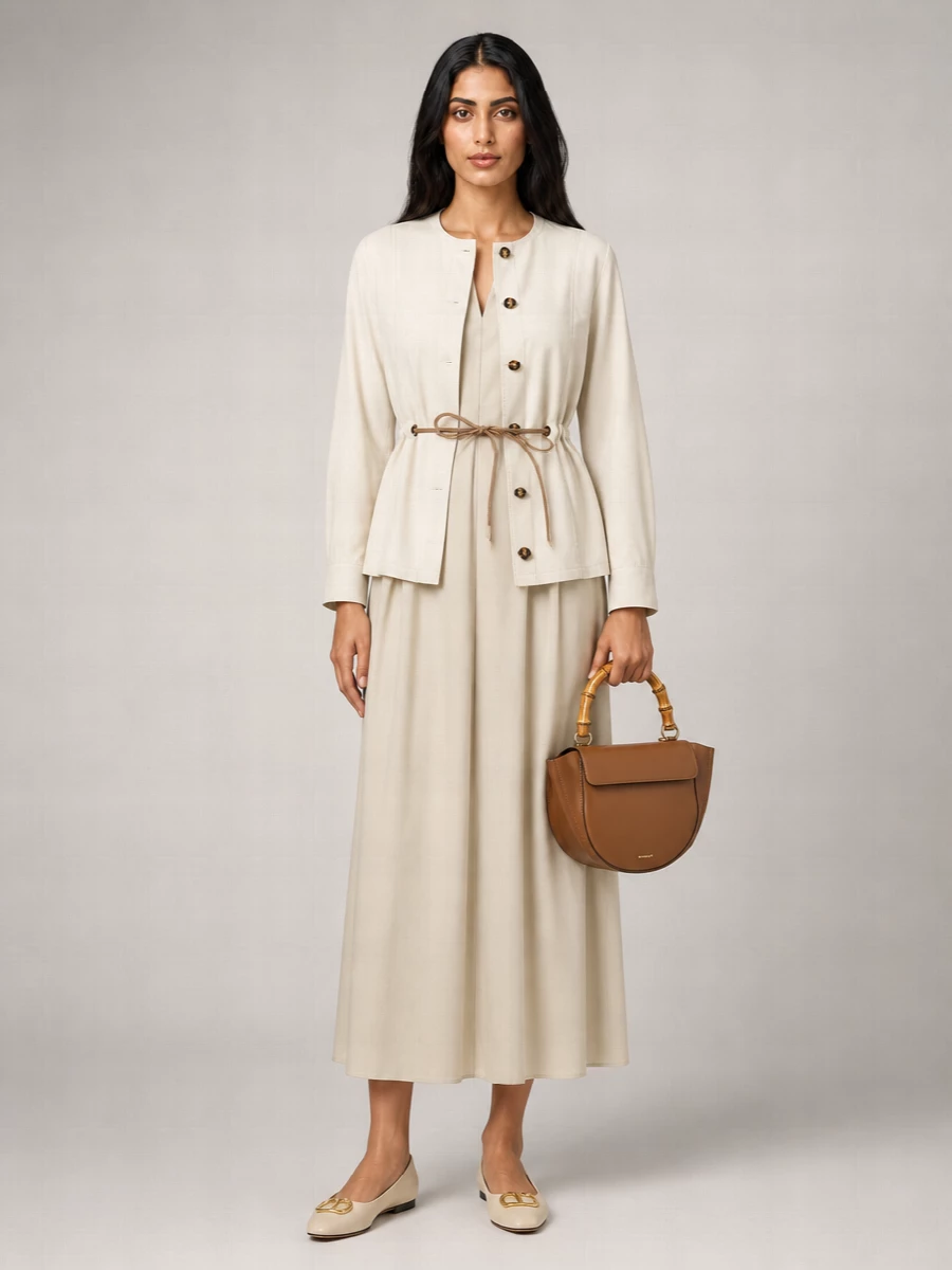 Max Mara Silk Linen Single-Breasted Round-Neck Drawstring Jacket