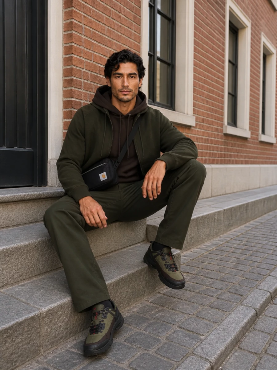 A deep olive zip hoodie sits over tonal dark olive cargos, grounded with rugged olive and burgundy sneakers for a focused streetwear take on workwear. The compact black crossbody keeps the lines clean and hands free, so the whole outfit feels ready for city days where function matters as much as attitude.