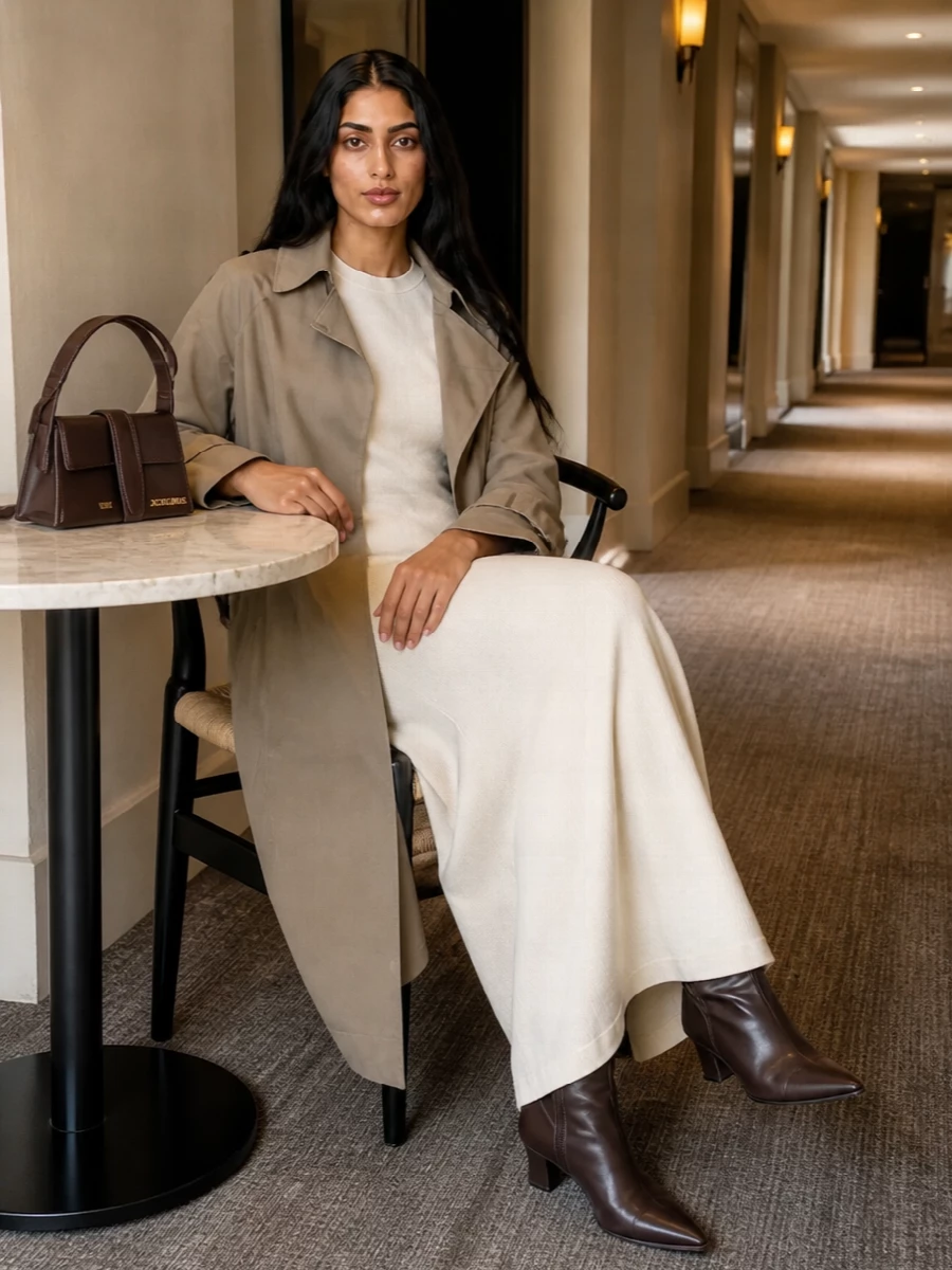 Jacquemus trench ivory dress brown knee boots