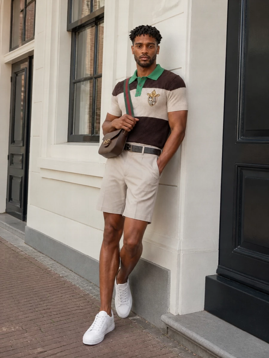 Fendi striped polo beige tailored shorts outfit
