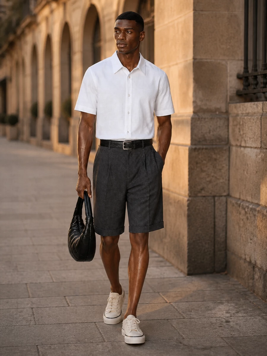 Tailored charcoal shorts white shirt canvas sneakers