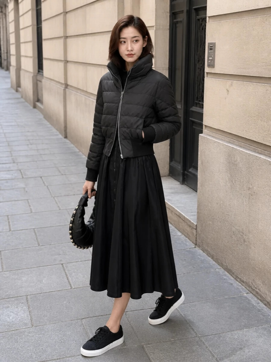 Moncler bomber black midi dress outfit