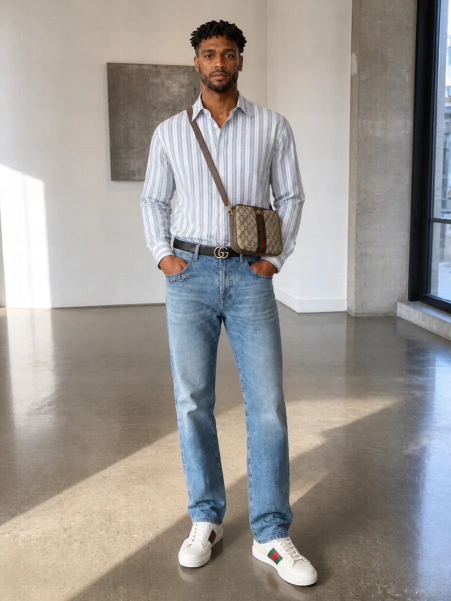 Gucci striped shirt light wash jeans ace sneakers