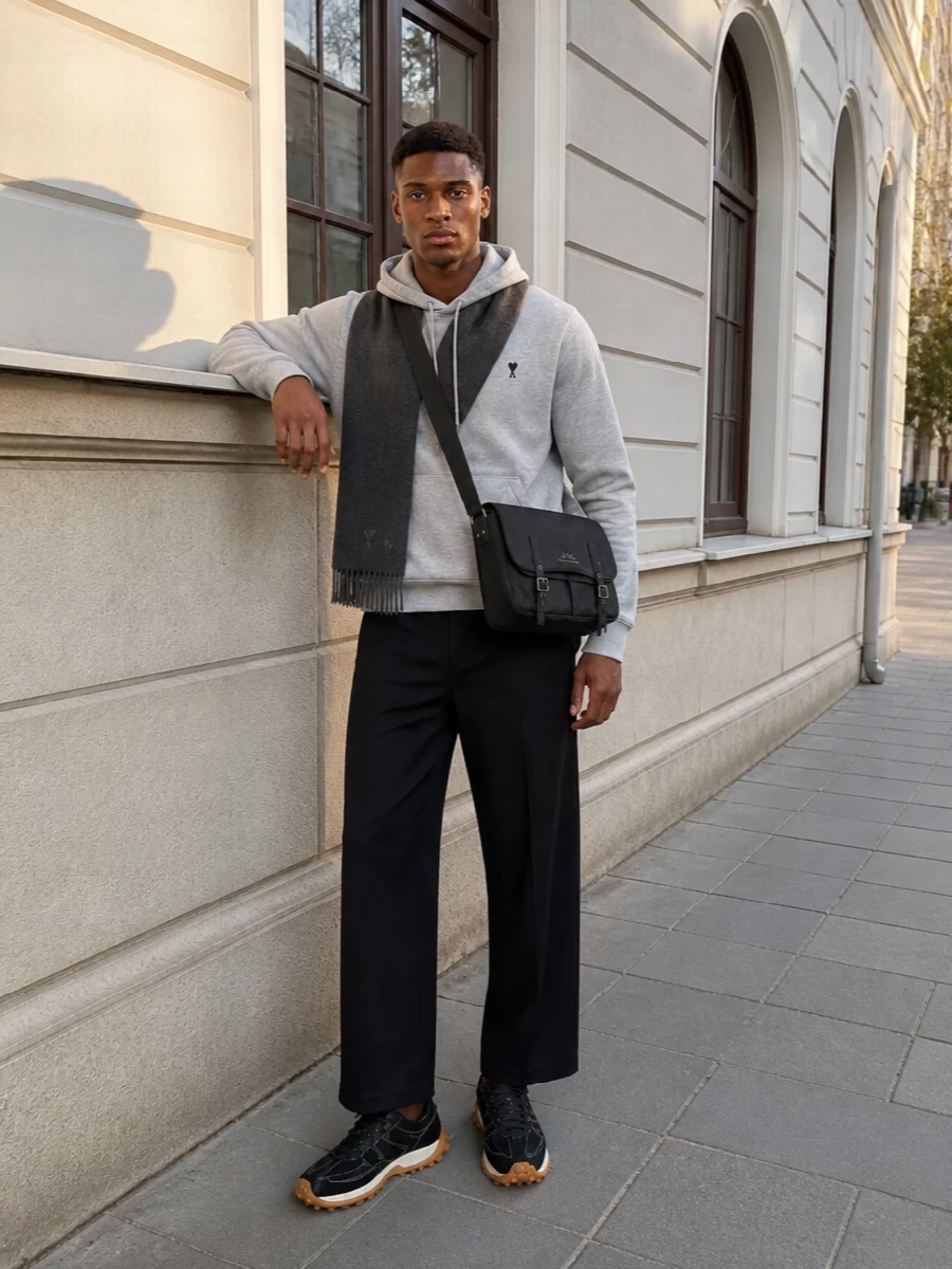 Ami paris wide leg trousers grey hoodie outfit