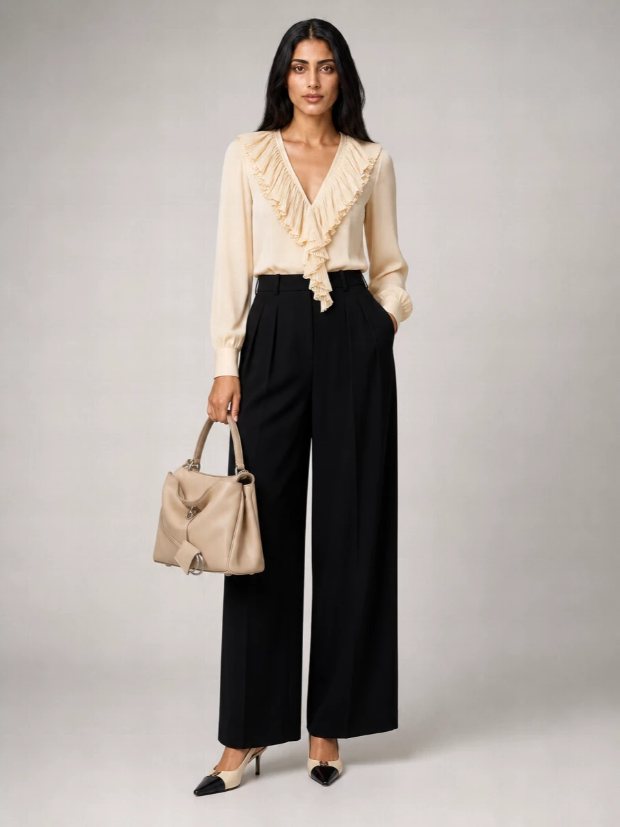 Saint Laurent Silk Ruffled V-Neck Long-Sleeve Blouse