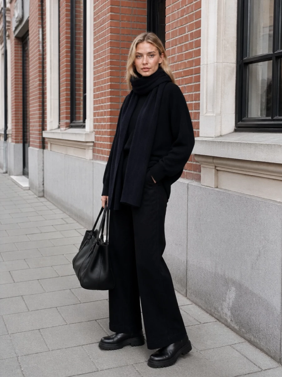 Frankie shop navy sweater black wide leg trouser