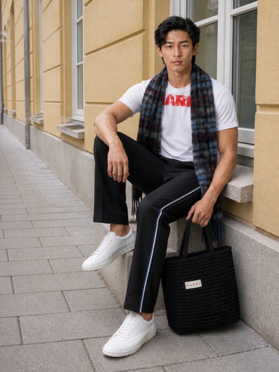 A crisp Marni logo tee meets tailored track-stripe trousers for a streetwear take on prep that still feels considered. White logo sneakers keep the palette tight around black, white and red, while the textured tote and soft checked scarf add just enough dimension for cooler days without diluting the graphic clarity.