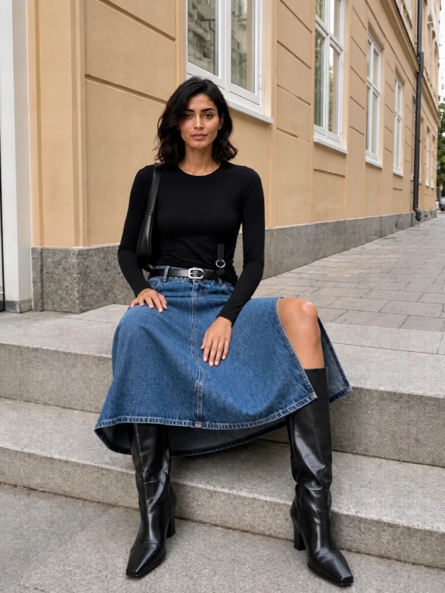 Coperni denim maxi skirt black sculpted boots