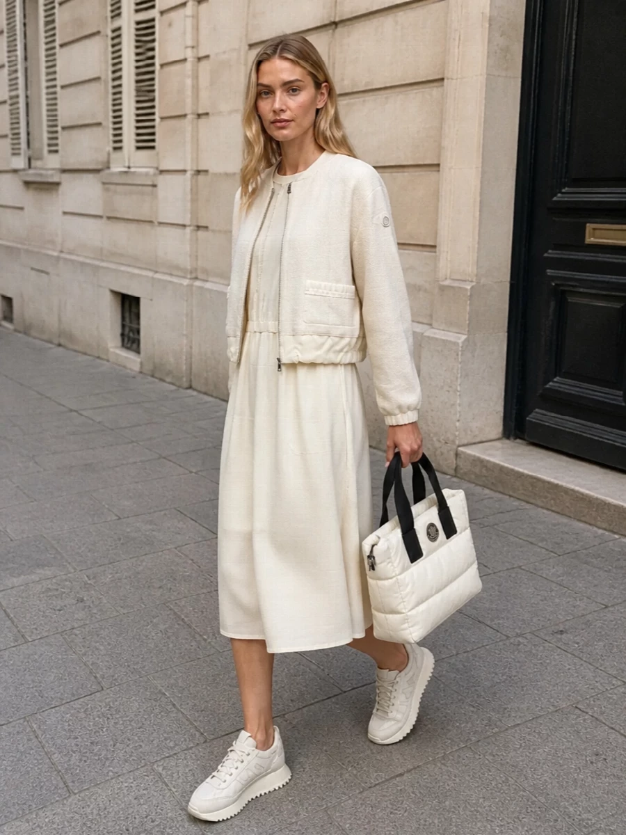 Moncler ivory bomber midi dress outfit