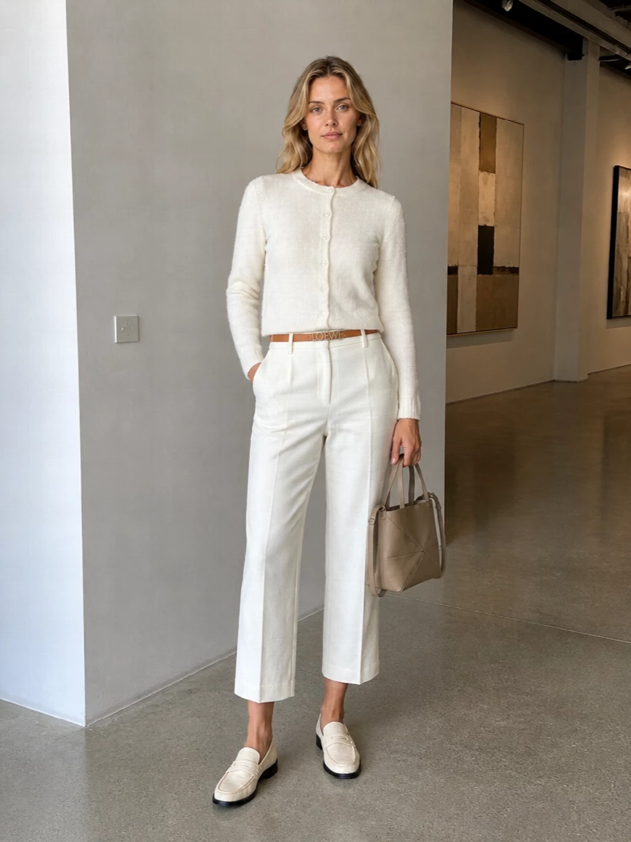 Loewe ivory cardigan cropped trousers outfit