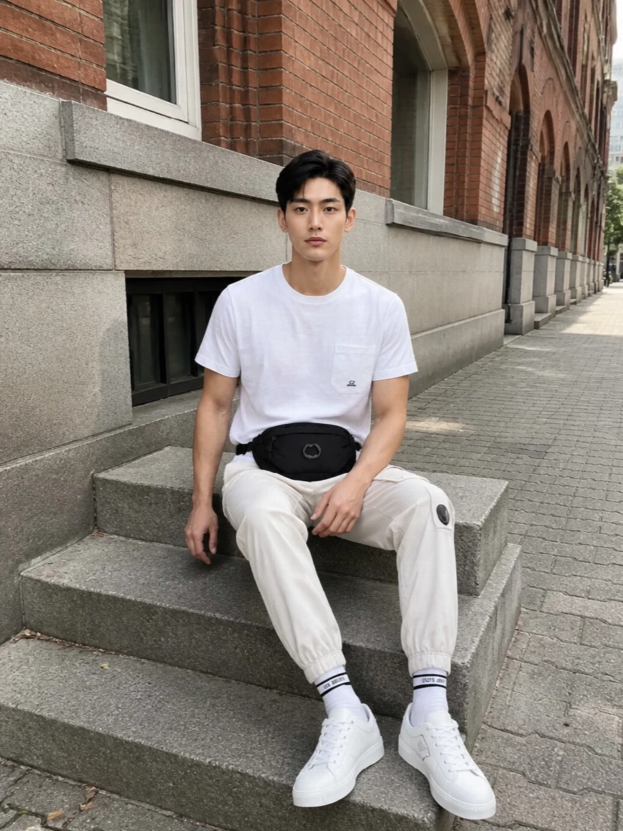 A crisp white C.P. tee with light stone tapered cargos creates a clean, utilitarian base that feels right for warm city days. Prada’s low-top sneakers keep the lines sharp but relaxed, while a C.P. belt bag and striped sport socks bring in just enough technical detail without disturbing the minimalist palette.