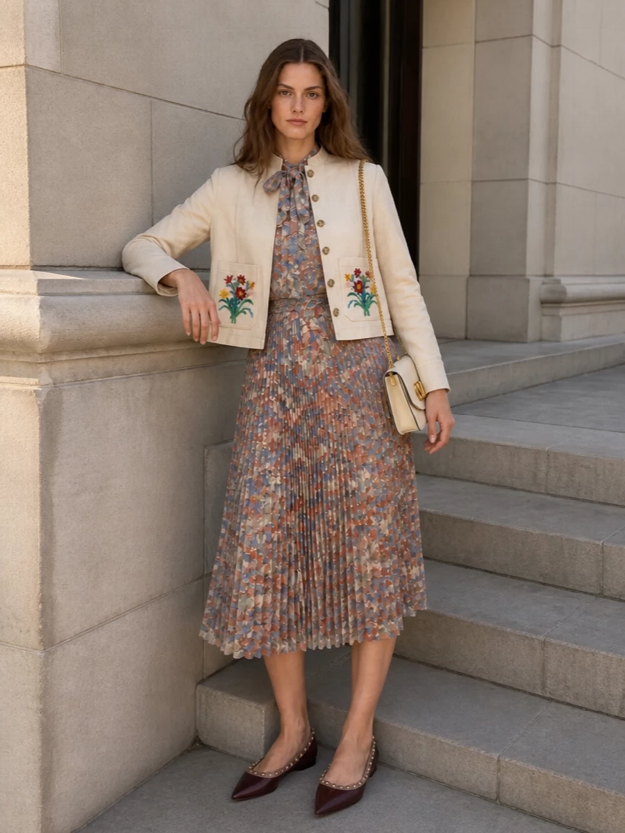 Valentino floral midi dress cropped jacket outfit