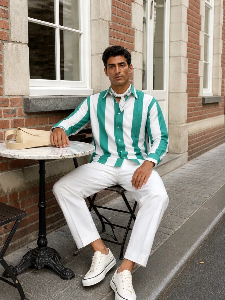 Jacquemus striped shirt white trousers outfit