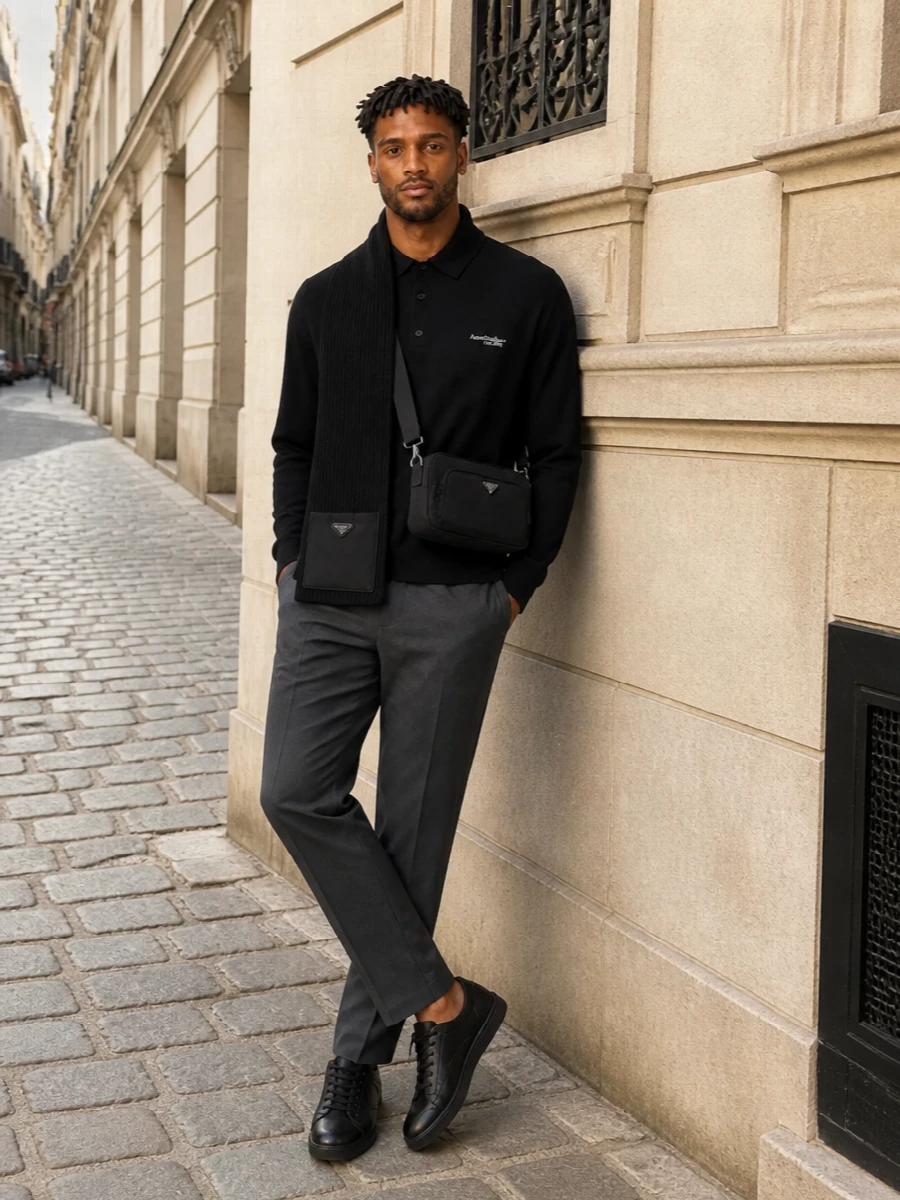 A dense black polo knit meets precise charcoal tailoring for a uniform that feels calm, intelligent and quietly assured. All‑black accessories and sneakers keep the line uninterrupted, so texture and proportion do the talking. It is a city-ready combination that moves easily from office hours to understated dinners without ever feeling over-styled.