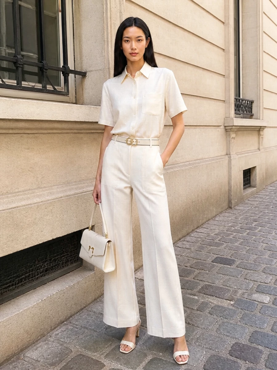 Ferragamo cream shirt wide leg trouser outfit
