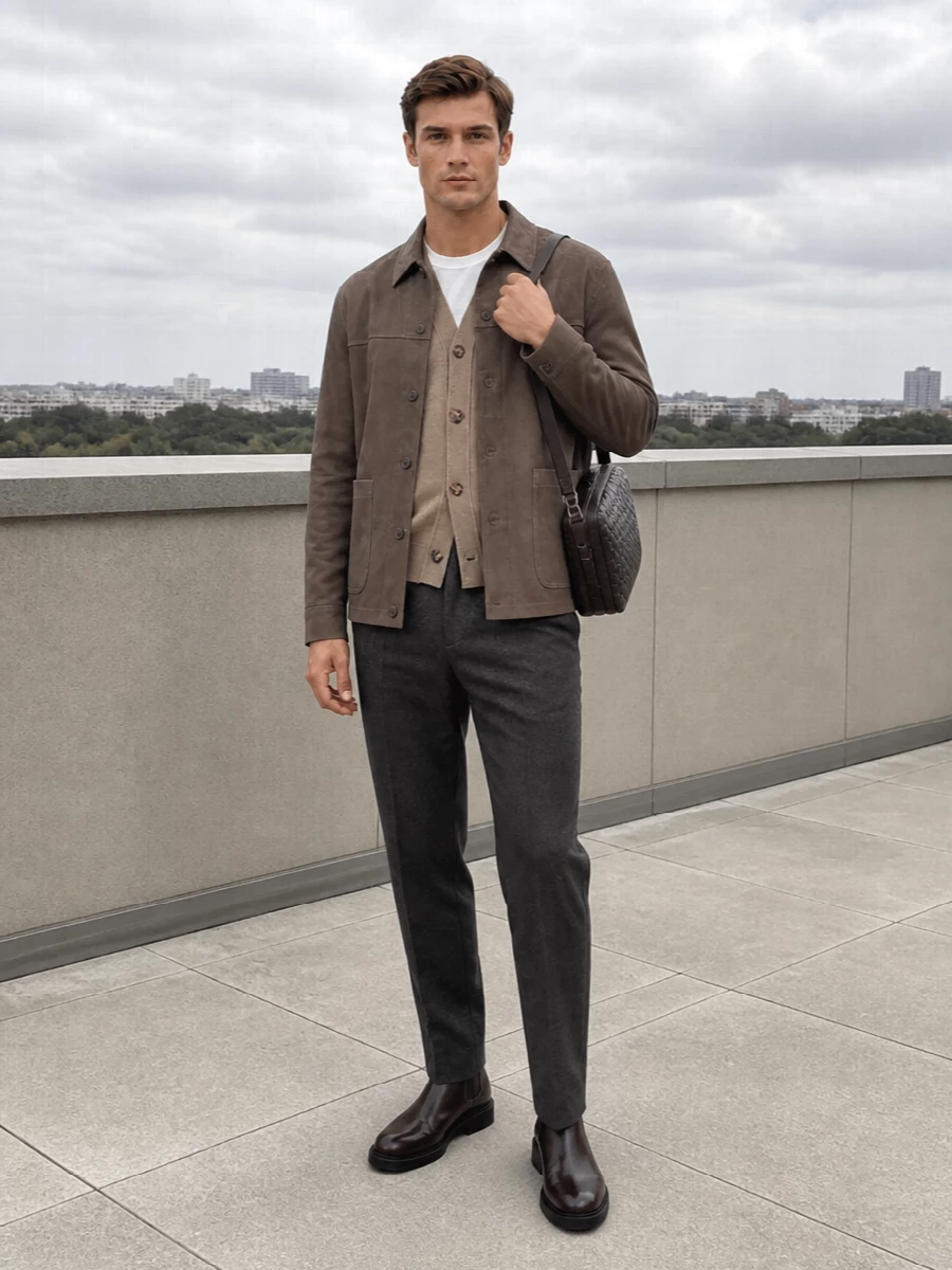 Bottega veneta vince taupe jacket outfit