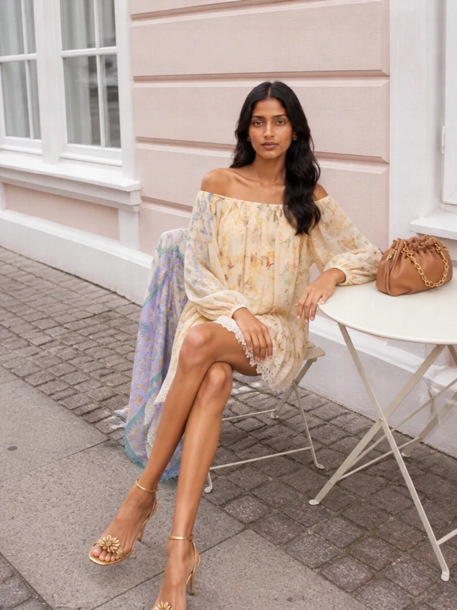Zimmermann’s off-the-shoulder mini is paired with gold floral sandals and a rose-tan chain bag for a warm, romantic take on occasion dressing. The metallic accents echo the dress’s soft buttercream tones, while petite gold studs keep the focus on the neckline and airy volume. A floral pareo-style wrap adds an optional storybook layer for when the evening cools without disturbing the light, boho silhouette.