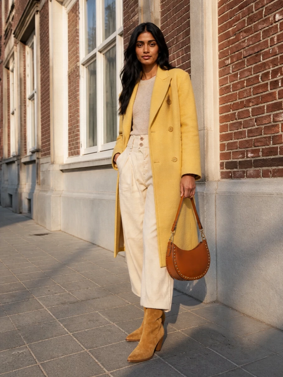 Isabel marant yellow coat wide leg trousers outfit