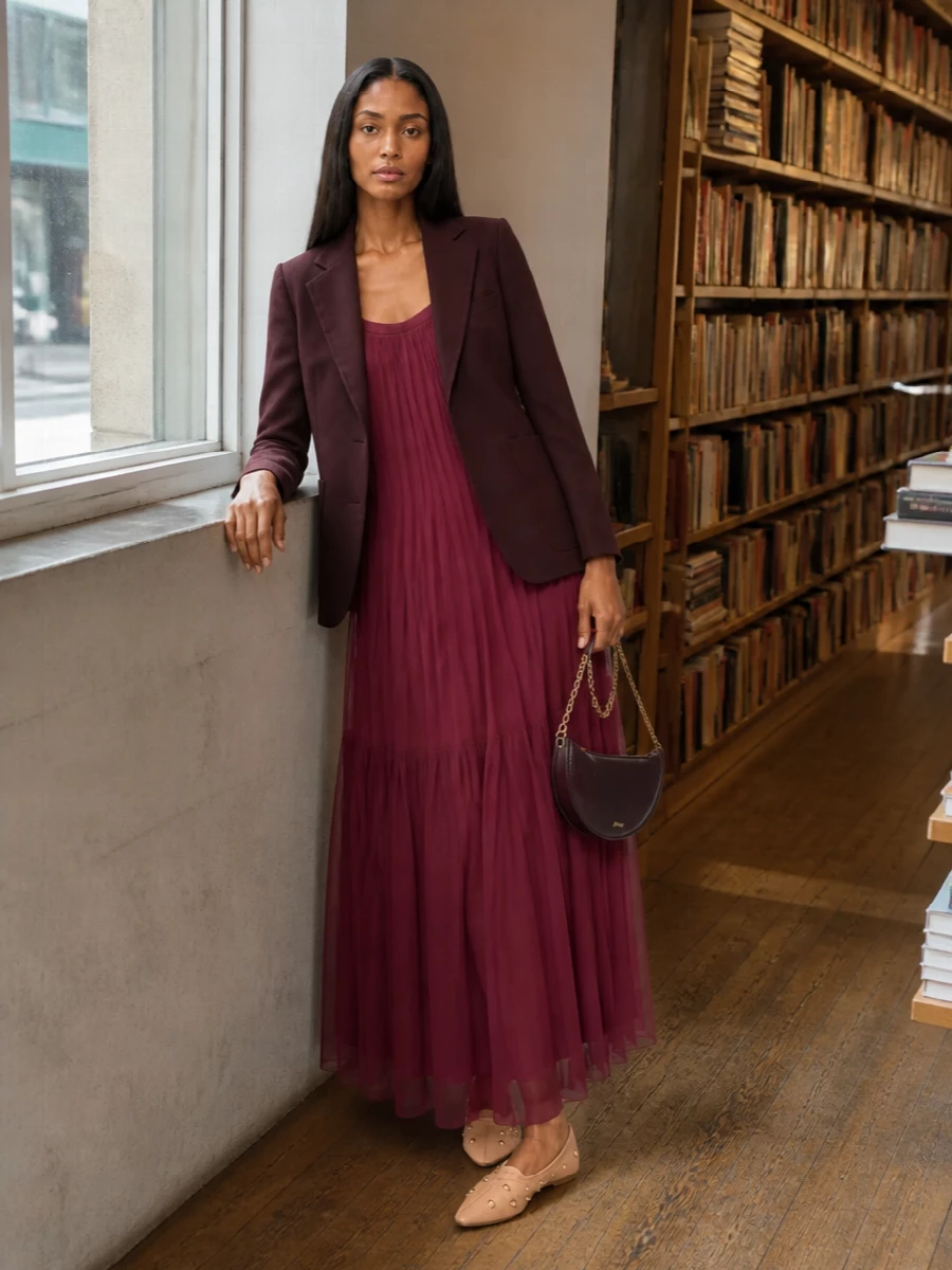 Chloe burgundy blazer berry maxi dress outfit