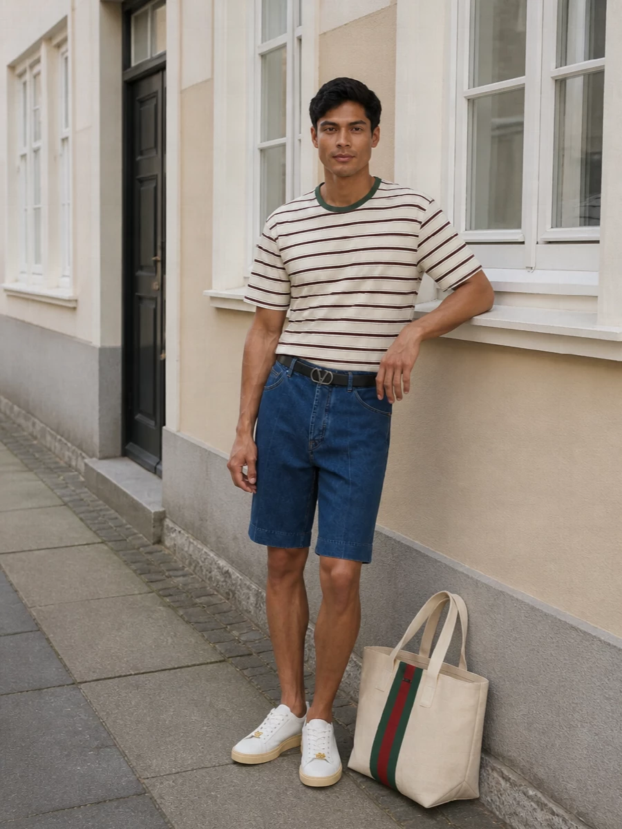 Bottega striped tee denim bermuda sneakers