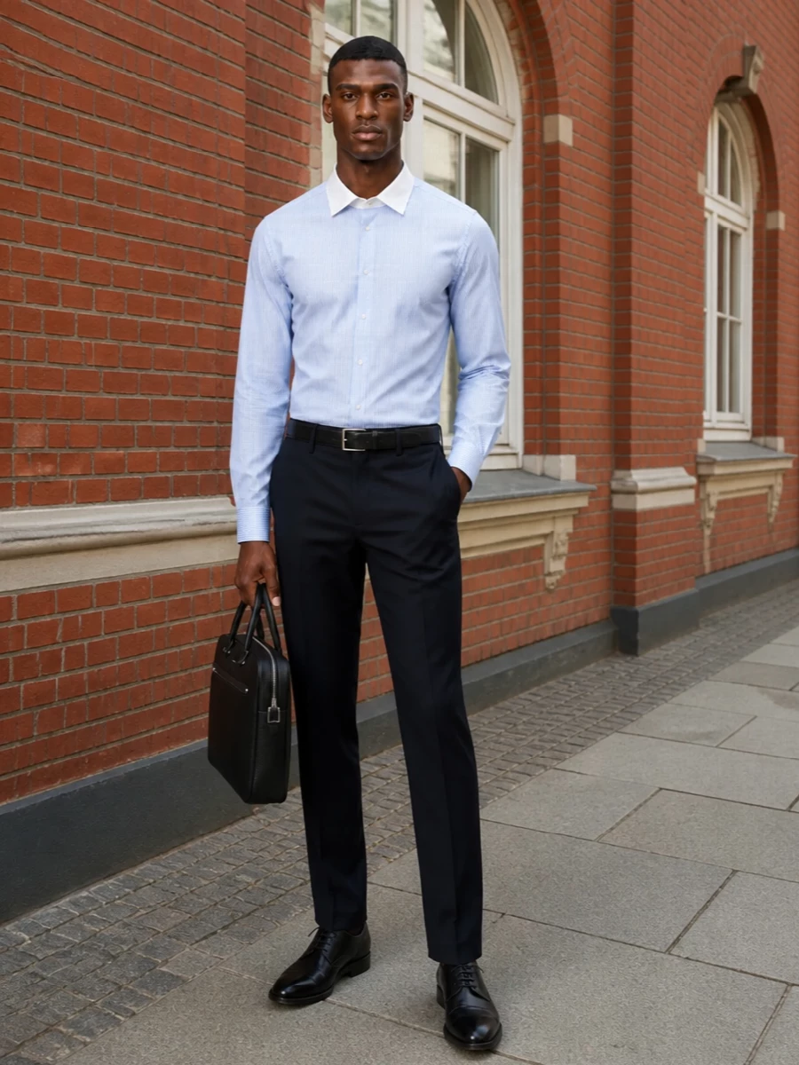 Boss navy tailored trousers striped shirt outfit
