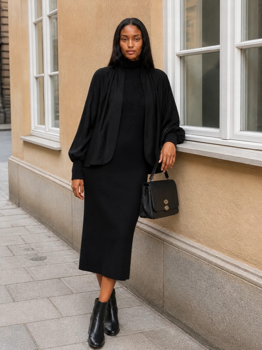 Zimmermann black blazer knit midi dress outfit