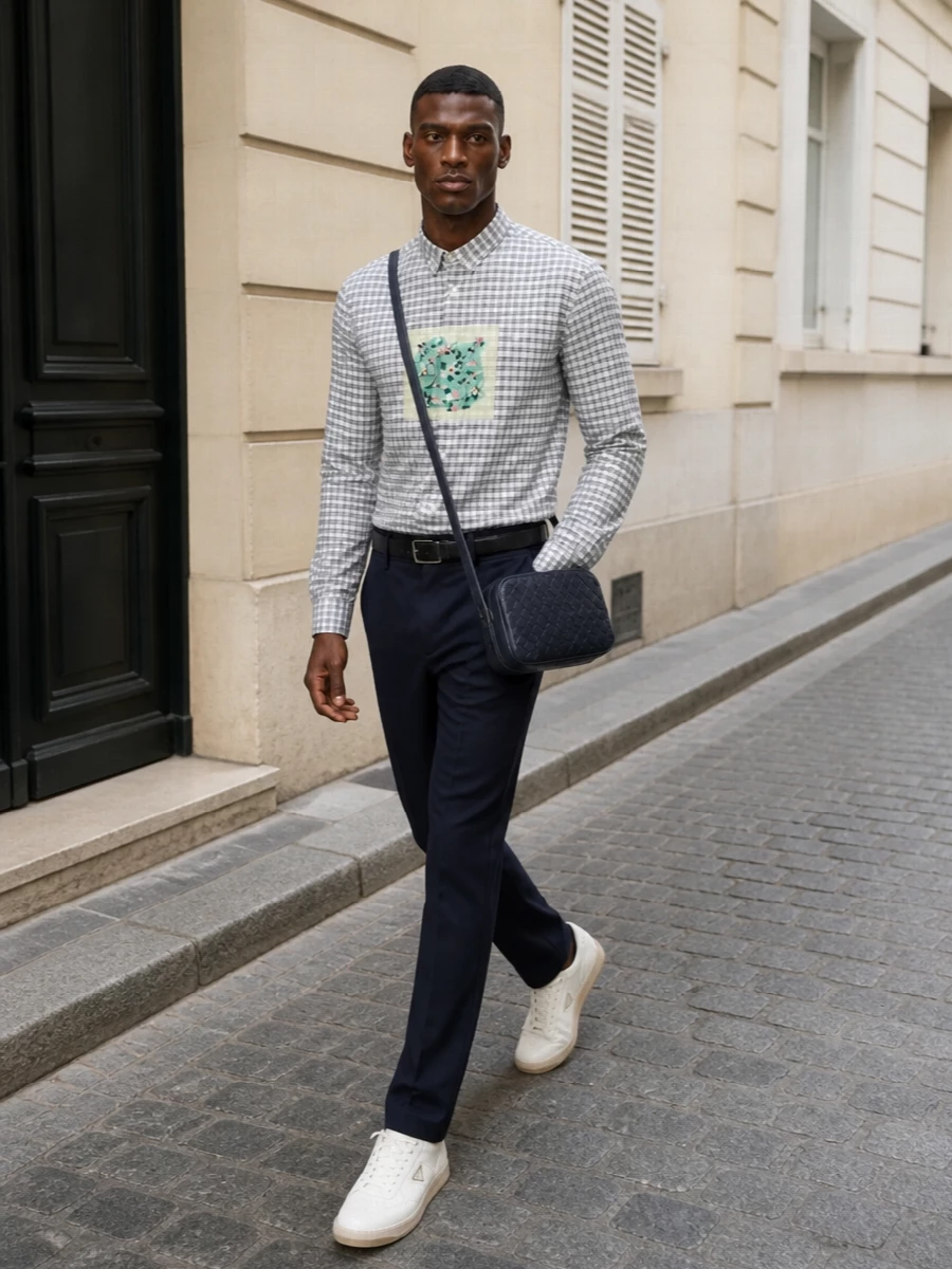 Prada check shirt navy trousers outfit