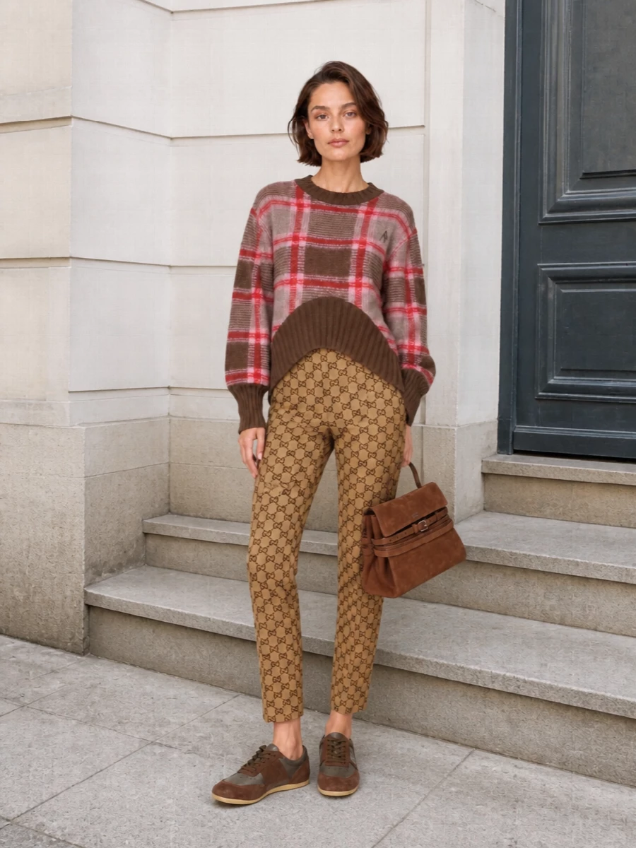 Gucci’s monogram trouser is grounded in a warm brown story, paired with The Attico’s cropped check knit for a graphic, street-tailored clash that still feels intentionally rich. The slim GG silhouette and boxy knit balance each other, while the muted Mm6 sneakers and suede Moschino bag keep the palette cohesive and the attitude city-ready rather than precious. It is a polished but relaxed take on logo dressing, ideal for days that move from coffee runs to low-key dinners.