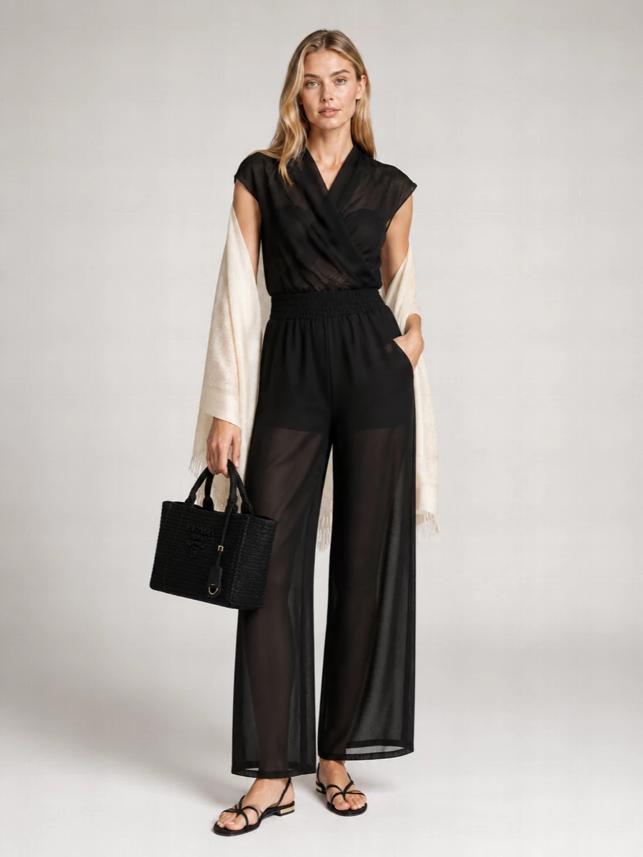 Pinko Voile Wide-Leg V-Neck Short-Sleeve Jumpsuit