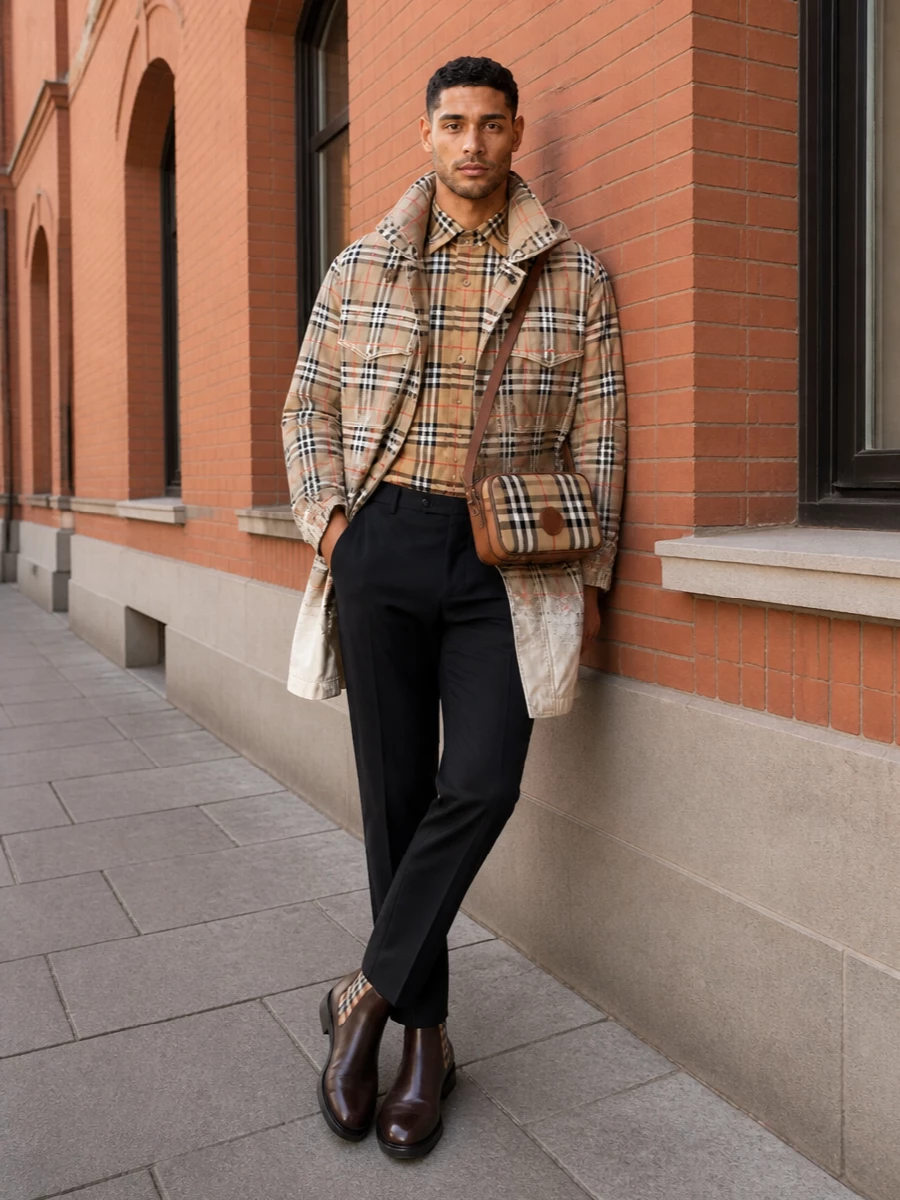 Burberry check parka black chinos chelsea boots