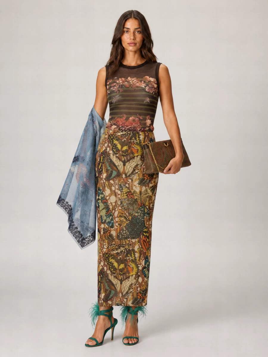Jean Paul Gaultier Mesh Butterfly Print Long Fitted Skirt