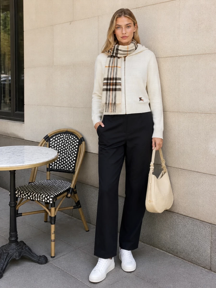 Burberry ivory cardigan navy pants white sneakers