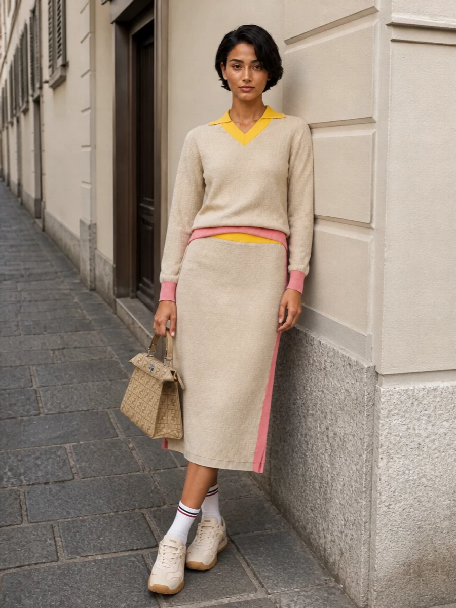 Fendi beige knit skirt pastel sweater sneakers