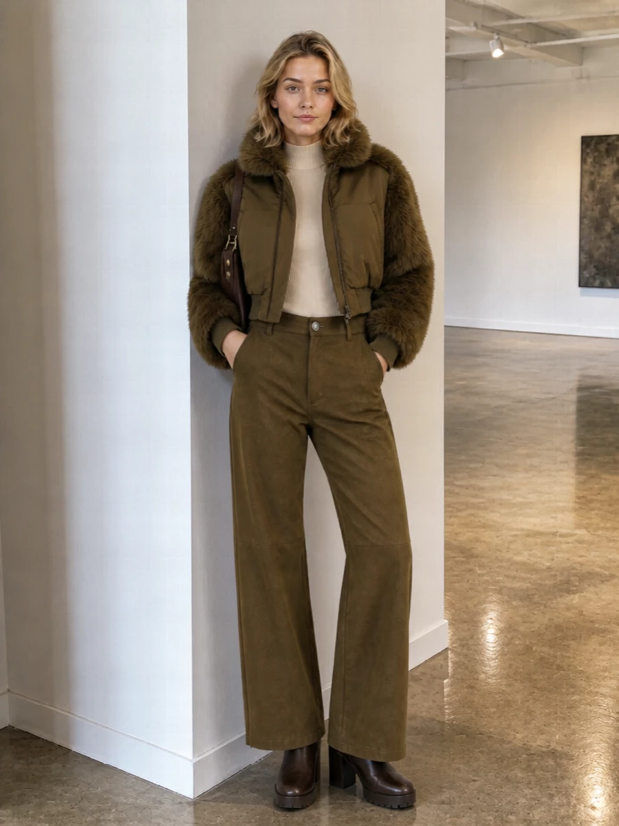 Pinko faux fur bomber wide leg trousers outfit